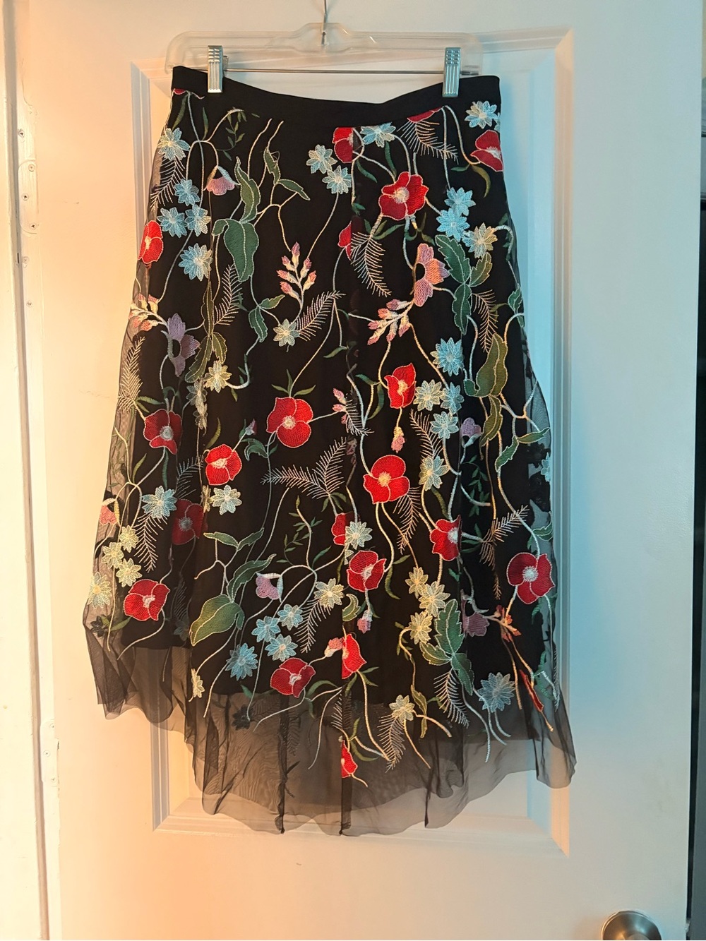 Anthropologie Black Floral Embroidered Midi Skirt